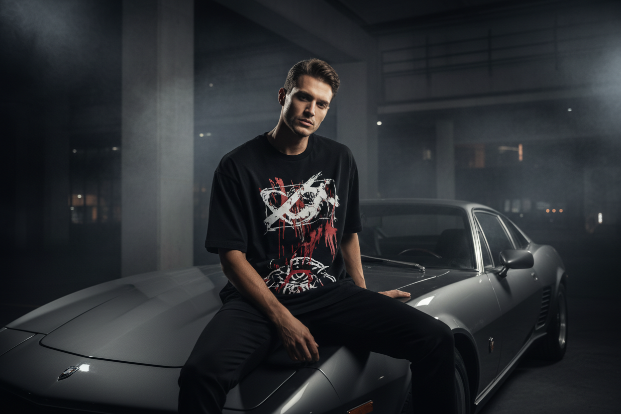 generate person wearing oversized t shirts sitting on car giving model pose , blackish background ratio 1280x720 pixels
